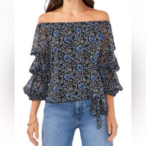 Vince Camuto XL Off Shoulder Floral Cha Cha Sleeve Top Black Blue Blouse
